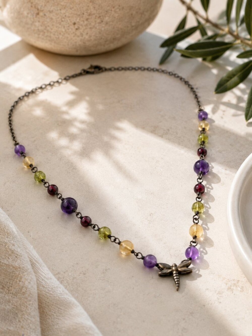 Sterling Silver Dragonfly Necklace Amethyst Citrine Peridot Garnet 925